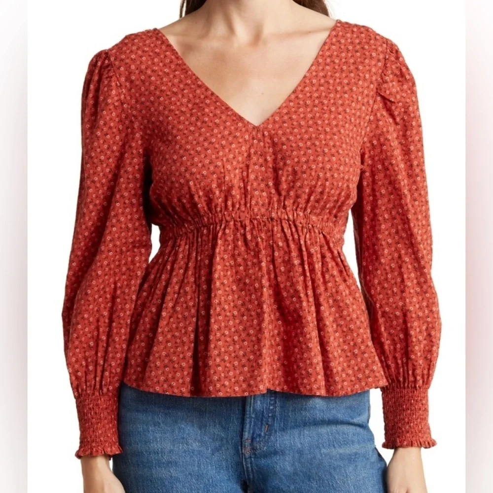 🍁 Madewell Tie-Back Peplum Blouse in Rust Floral (Size S)